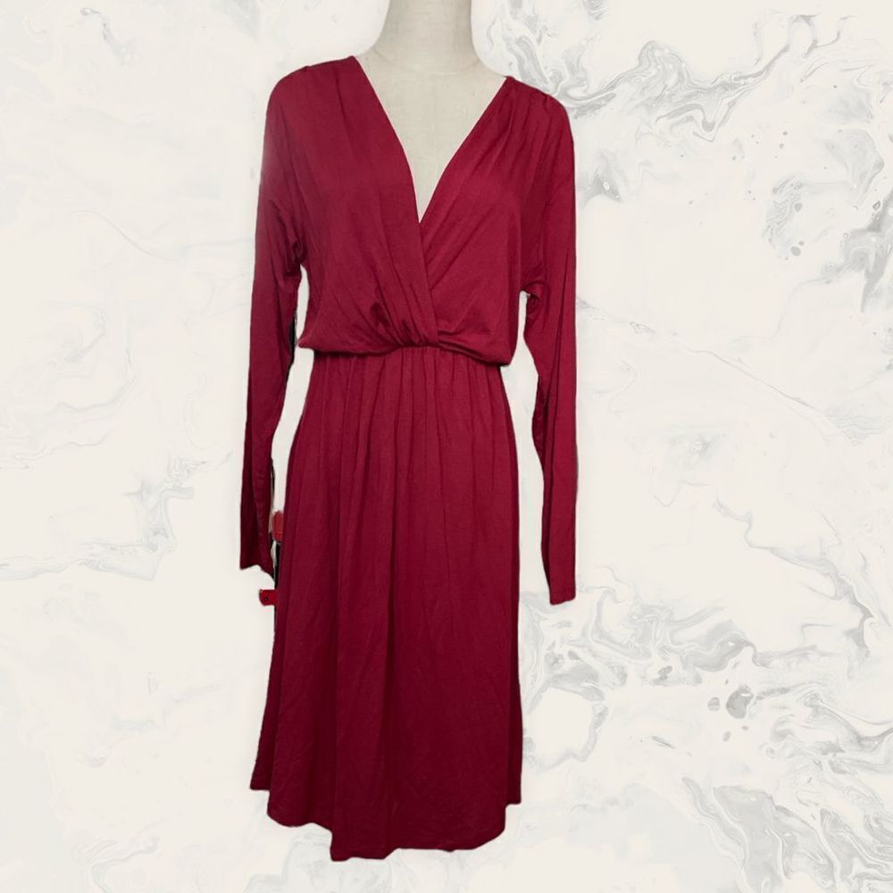 Fraiche by J Long Sleeve Faux Wrap Dress - Size M - Wine